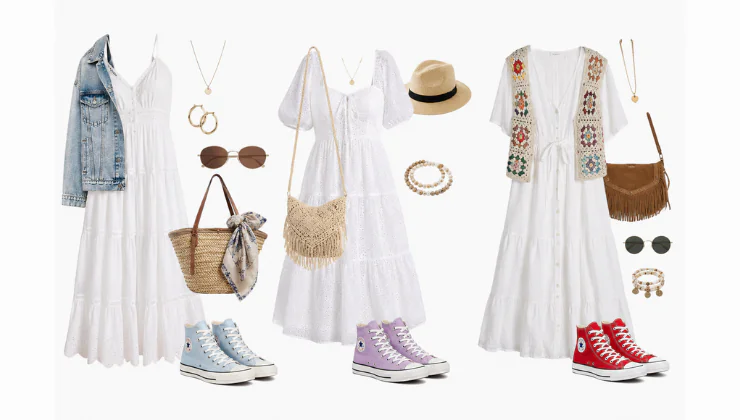 vestido midi de lino blanco con tenis de bota